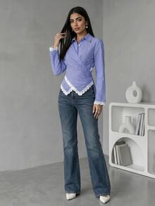 Solavon Women's Striped Lace Patchwork Pleated Casual Daily Wear Arabic Style Blouse - Blue and White - View 6