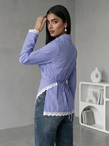 Solavon Women's Striped Lace Patchwork Pleated Casual Daily Wear Arabic Style Blouse - Blue and White - View 9