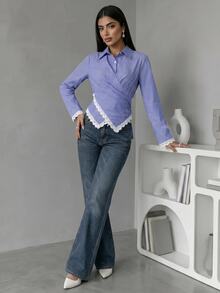 Solavon Women's Striped Lace Patchwork Pleated Casual Daily Wear Arabic Style Blouse - Blue and White - View 10