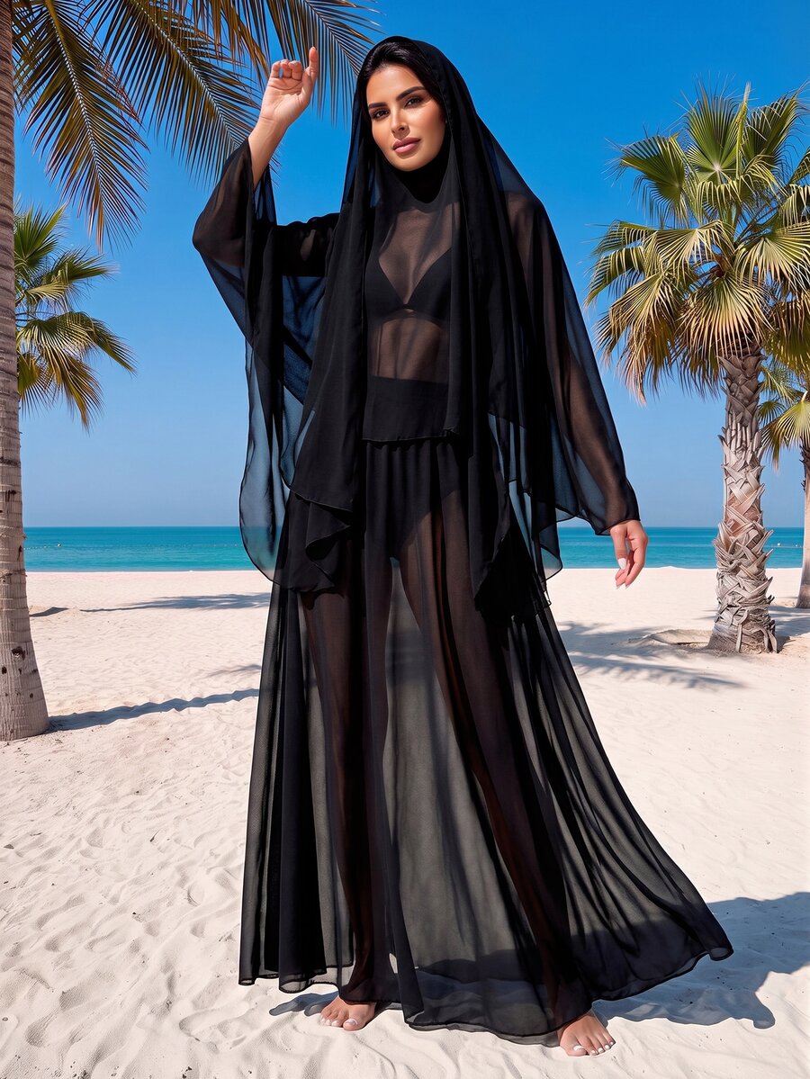 SHEIN Swim Summer Women's Solid Color Long Sleeve Simple Long Cover Up, Casual Vacation Wear - Black - View 1