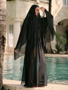 SHEIN Swim Summer Women's Solid Color Long Sleeve Simple Long Cover Up, Casual Vacation Wear - Black - View 3