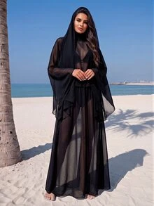 SHEIN Swim Summer Women's Solid Color Long Sleeve Simple Long Cover Up, Casual Vacation Wear - Black - View 2