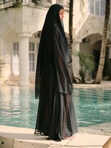 SHEIN Swim Summer Women's Solid Color Long Sleeve Simple Long Cover Up, Casual Vacation Wear - Black - View 7