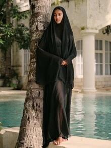 SHEIN Swim Summer Women's Solid Color Long Sleeve Simple Long Cover Up, Casual Vacation Wear - Black - View 4