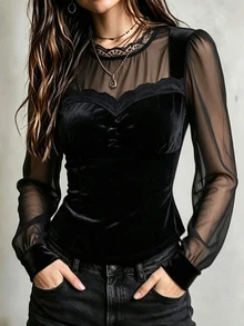 SHEIN New Autumn Style Black Chiffon And Velvet Patchwork Slim-Fit Long-Sleeved Women's Top, Elegant Bohemian Style, Suitable For Christmas And Commuting. - Black - View 3