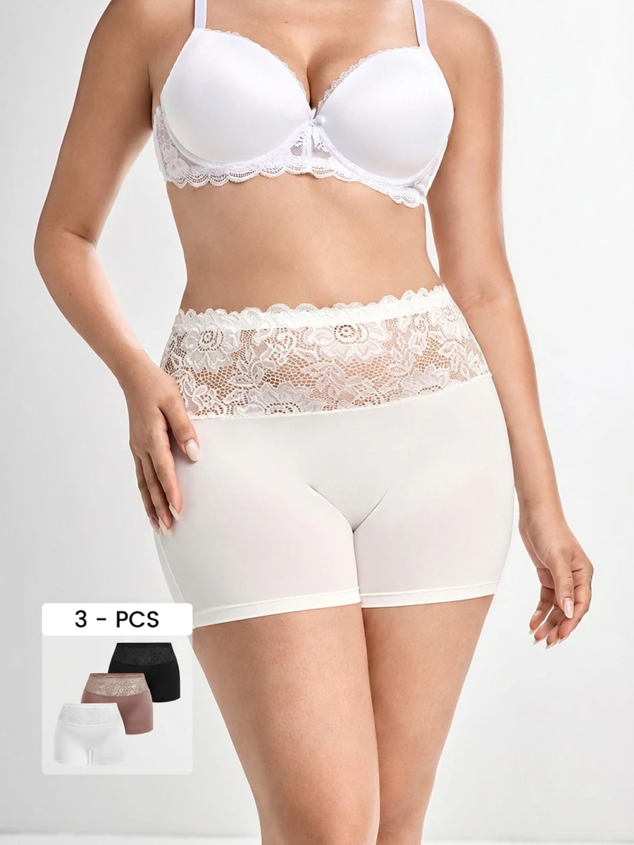 Slumbrini 3pcs/Set Plus Size Women Lace Print Comfortable Breathable Curve-Hugging Shorts, Ideal Gift - Multicolor - View 1