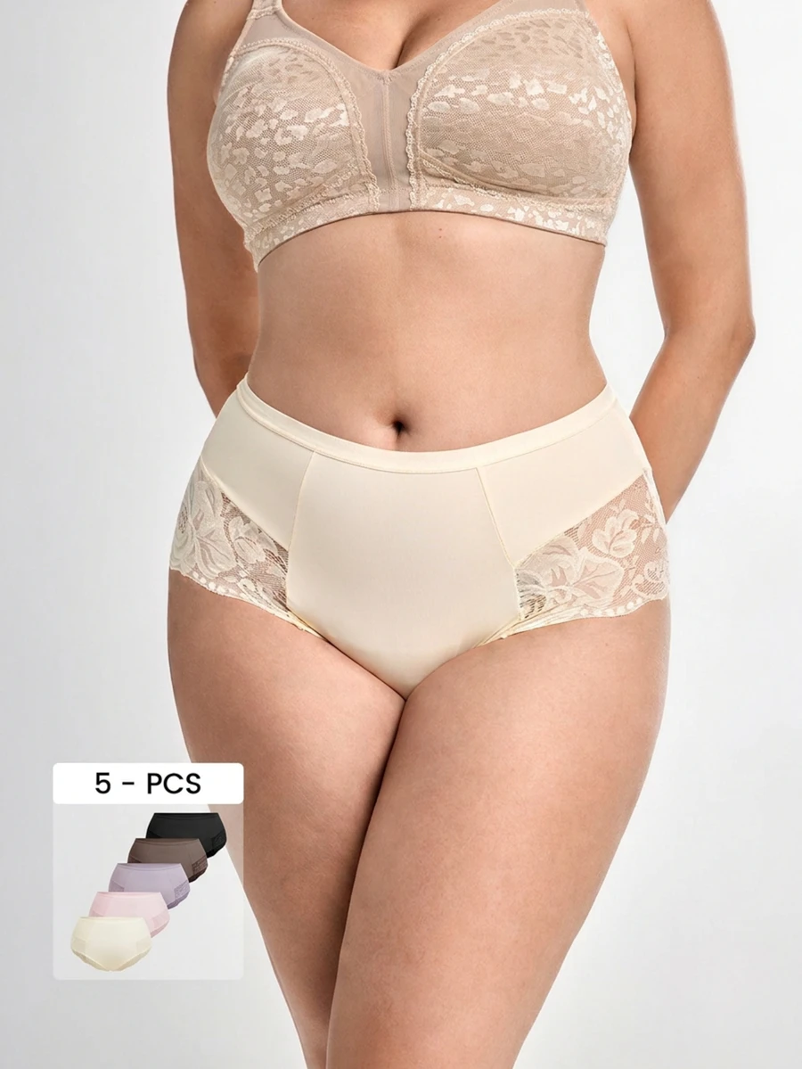 Slumbrini 5pcs/Pack Plus Size Women's Solid Color Lace Patchwork Sexy Bikini Briefs - Multicolor - View 1