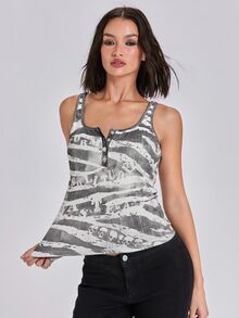 ROMWE Summer/Fall Street Grunge Y2K Hot Girl Optical Illusion Striped Print Henley Neck Tank Top - White - View 4