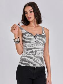 ROMWE Summer/Fall Street Grunge Y2K Hot Girl Optical Illusion Striped Print Henley Neck Tank Top - White - View 5