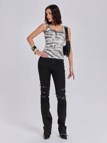 ROMWE Summer/Fall Street Grunge Y2K Hot Girl Optical Illusion Striped Print Henley Neck Tank Top - White - View 7
