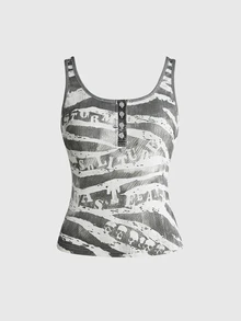 ROMWE Summer/Fall Street Grunge Y2K Hot Girl Optical Illusion Striped Print Henley Neck Tank Top - White - View 8