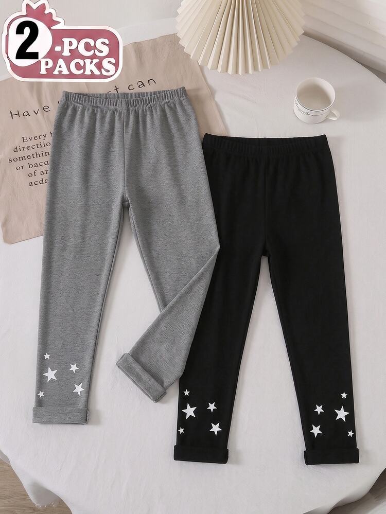 2pcs/Pack Girls Hot-Selling Star Print Pattern Versatile Minimalist Fashion Comfortable Casual Knitted Leggings,Autumn And Winter - Grey - View 3