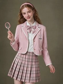 Elnivra Women's Sweet Embroidered Striped Colorblock Button Blazer - Pink - View 3