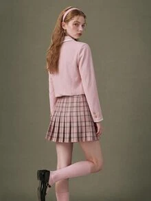 Elnivra Women's Sweet Embroidered Striped Colorblock Button Blazer - Pink - View 2