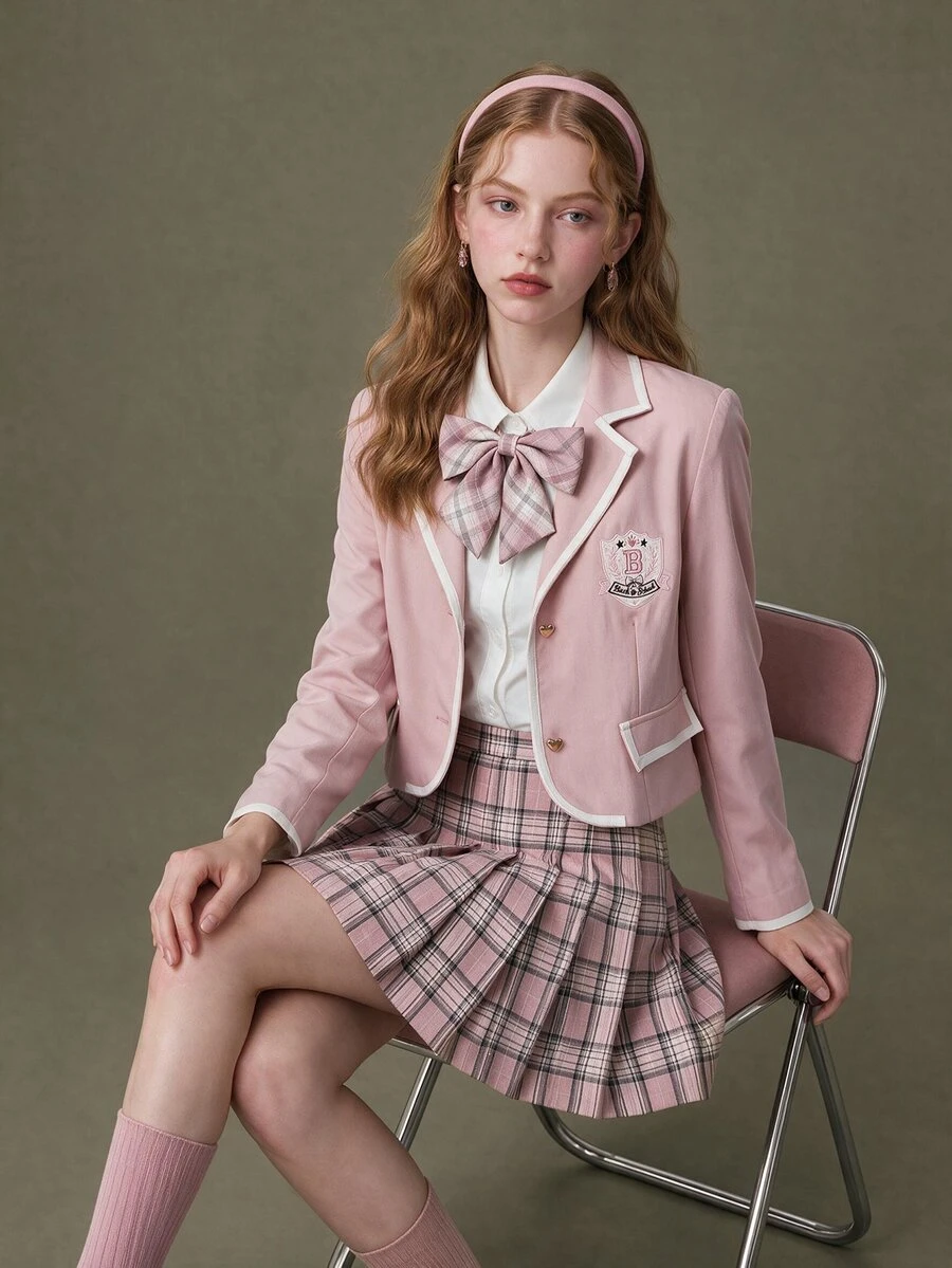 Elnivra Women's Sweet Embroidered Striped Colorblock Button Blazer - Pink - View 1