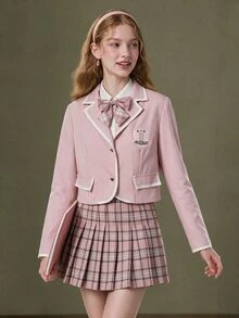 Elnivra Women's Sweet Embroidered Striped Colorblock Button Blazer - Pink - View 7