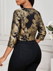 SHEIN Lady 女款優雅70年代復古金屬質感薄款夾克，適合商務晚餐、夜晚場合、新娘母親、辦公室、婚禮，黑色與金色，秋季 - 黑色 - 查看 2