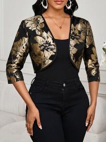 SHEIN Lady 女款優雅70年代復古金屬質感薄款夾克，適合商務晚餐、夜晚場合、新娘母親、辦公室、婚禮，黑色與金色，秋季 - 黑色 - 查看 3