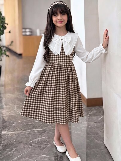 SHEIN Tween Girl Brown White Long Sleeve Color Block Plaid Cinched Waist Bow Decor Back To School Dress Tween Girl Autumn Winter Vintage Plaid Dress