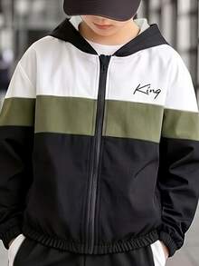 SHEIN 秋冬男童2件套 黑/白/綠拼色字母連帽拉鍊夾克與慢跑長褲 街頭運動休閒套裝 - 軍綠色 - 查看 3