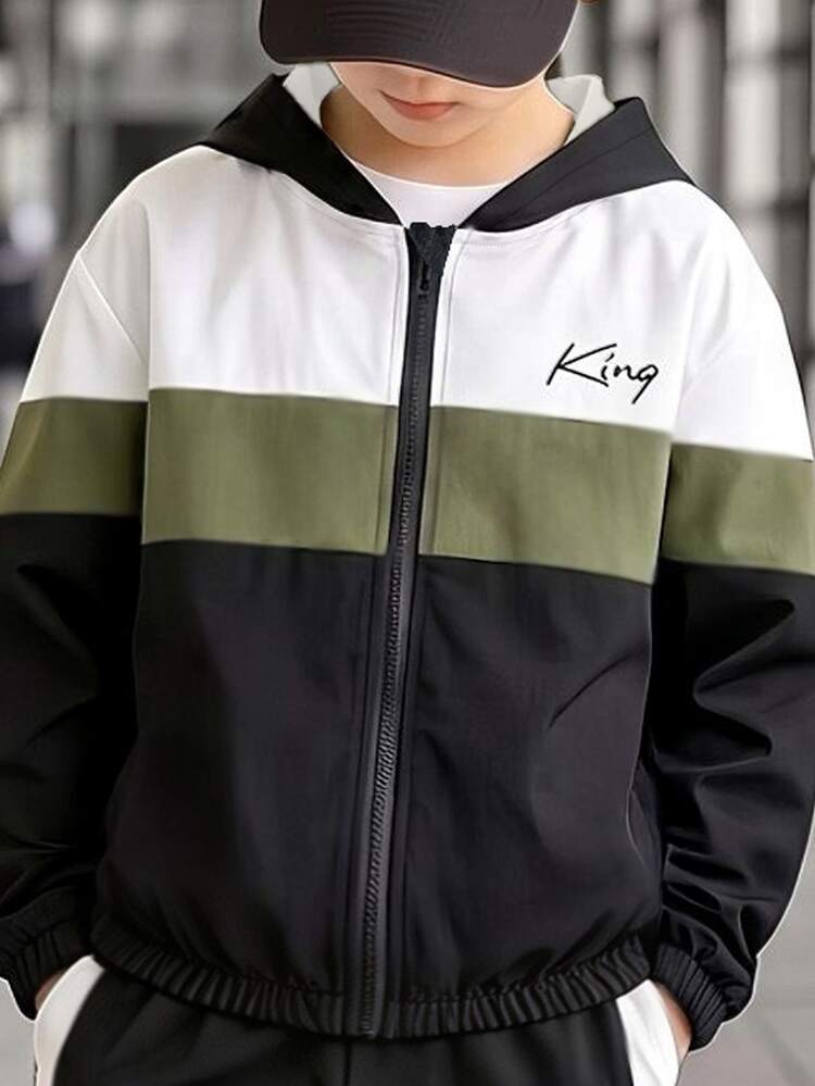 SHEIN Autumn/Winter Boys 2pcs Set Black/White/Green Colorblock Letter Hooded Zip-Up Jacket And Jogger Pants Streetwear Sports Outfit - Army Green - View 3