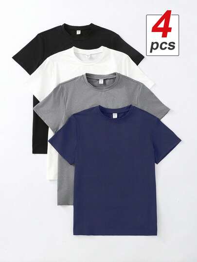 SHEIN Vacaura 4pcs Teens/Boys' Solid Color Short Sleeve T-Shirt, Suitable For Daily Wear, Solid Color Design, Classic Crew Neck, Soft & Comfortable