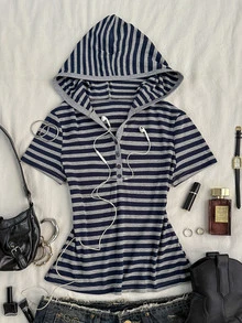 Attitoon Women's Striped Button Half-Placket Short Sleeve Casual Hooded T-Shirt - Grey - View 1
