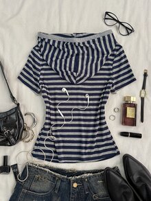Attitoon Women's Striped Button Half-Placket Short Sleeve Casual Hooded T-Shirt - Grey - View 2