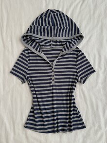 Attitoon Women's Striped Button Half-Placket Short Sleeve Casual Hooded T-Shirt - Grey - View 5