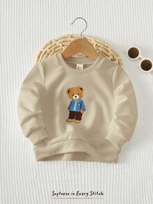 Cozy Pixies 男嬰卡通熊圖案圓領長袖套頭運動衫，全印花T恤上衣，秋季上衣 - 彩色 - 查看 3