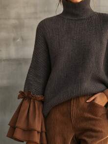 Balvessa Sweater Pullover Longgar Berkerah Tinggi dengan Rajutan Tebal, Manset Lonceng Berumbai Dua Lapis dengan Motif Patchwork dan Lengan Dolman - MultiWarna - View 5