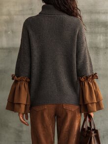 Balvessa Sweater Pullover Longgar Berkerah Tinggi dengan Rajutan Tebal, Manset Lonceng Berumbai Dua Lapis dengan Motif Patchwork dan Lengan Dolman - MultiWarna - View 2
