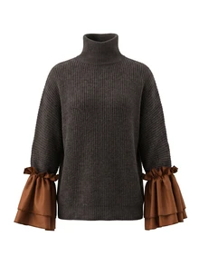 Balvessa Sweater Pullover Longgar Berkerah Tinggi dengan Rajutan Tebal, Manset Lonceng Berumbai Dua Lapis dengan Motif Patchwork dan Lengan Dolman - MultiWarna - View 4