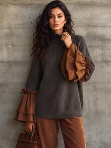 Balvessa Sweater Pullover Longgar Berkerah Tinggi dengan Rajutan Tebal, Manset Lonceng Berumbai Dua Lapis dengan Motif Patchwork dan Lengan Dolman - MultiWarna - View 7