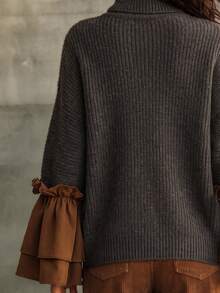 Balvessa Sweater Pullover Longgar Berkerah Tinggi dengan Rajutan Tebal, Manset Lonceng Berumbai Dua Lapis dengan Motif Patchwork dan Lengan Dolman - MultiWarna - View 3