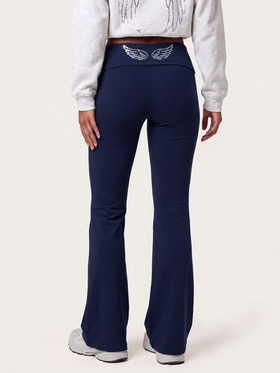 MISSGUIDED TEEN Foldover Flare Leg Pants With Sequin Angel Wings Detail - Bootcut Stretch Flared Trousers For Fall Winter Holiday Season