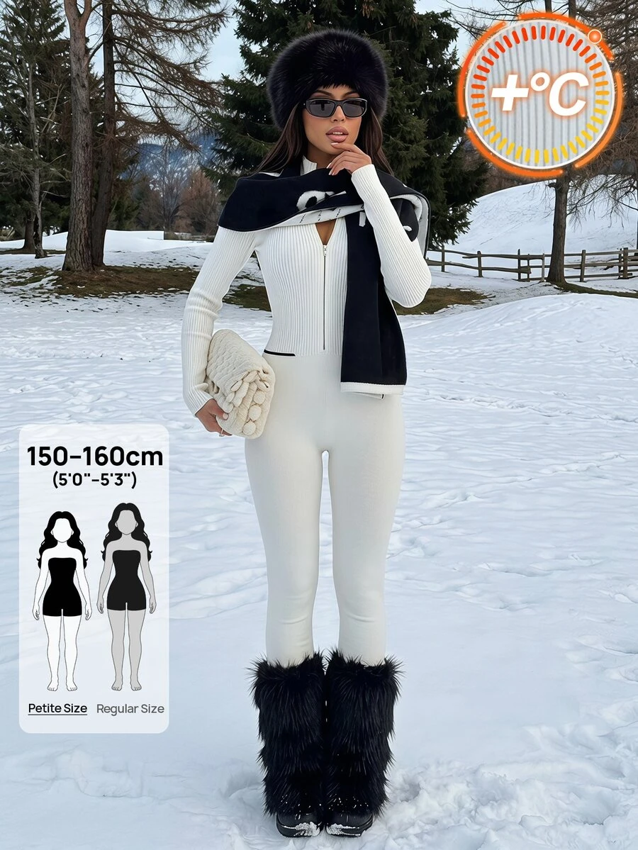 SHEIN PETITE جمبسوت نسائي صغير الحجم محبوك ضيق – مريح، ملائم للجسم، ومناسب للارتداء اليومي العادي - لون مشمشي - مشاهدة 1