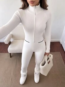 SHEIN PETITE جمبسوت نسائي صغير الحجم محبوك ضيق – مريح، ملائم للجسم، ومناسب للارتداء اليومي العادي - لون مشمشي - مشاهدة 11