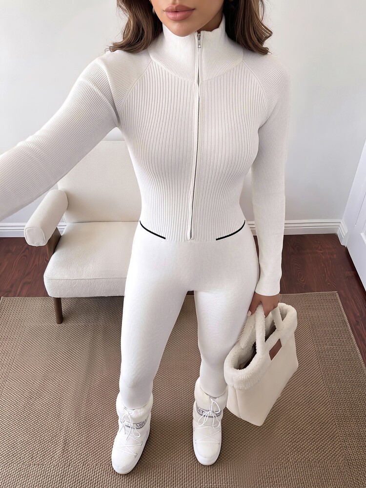 SHEIN PETITE 女款小碼修身針織連身褲－舒適貼身，適合休閒日常穿著 - 杏色 - 查看 11