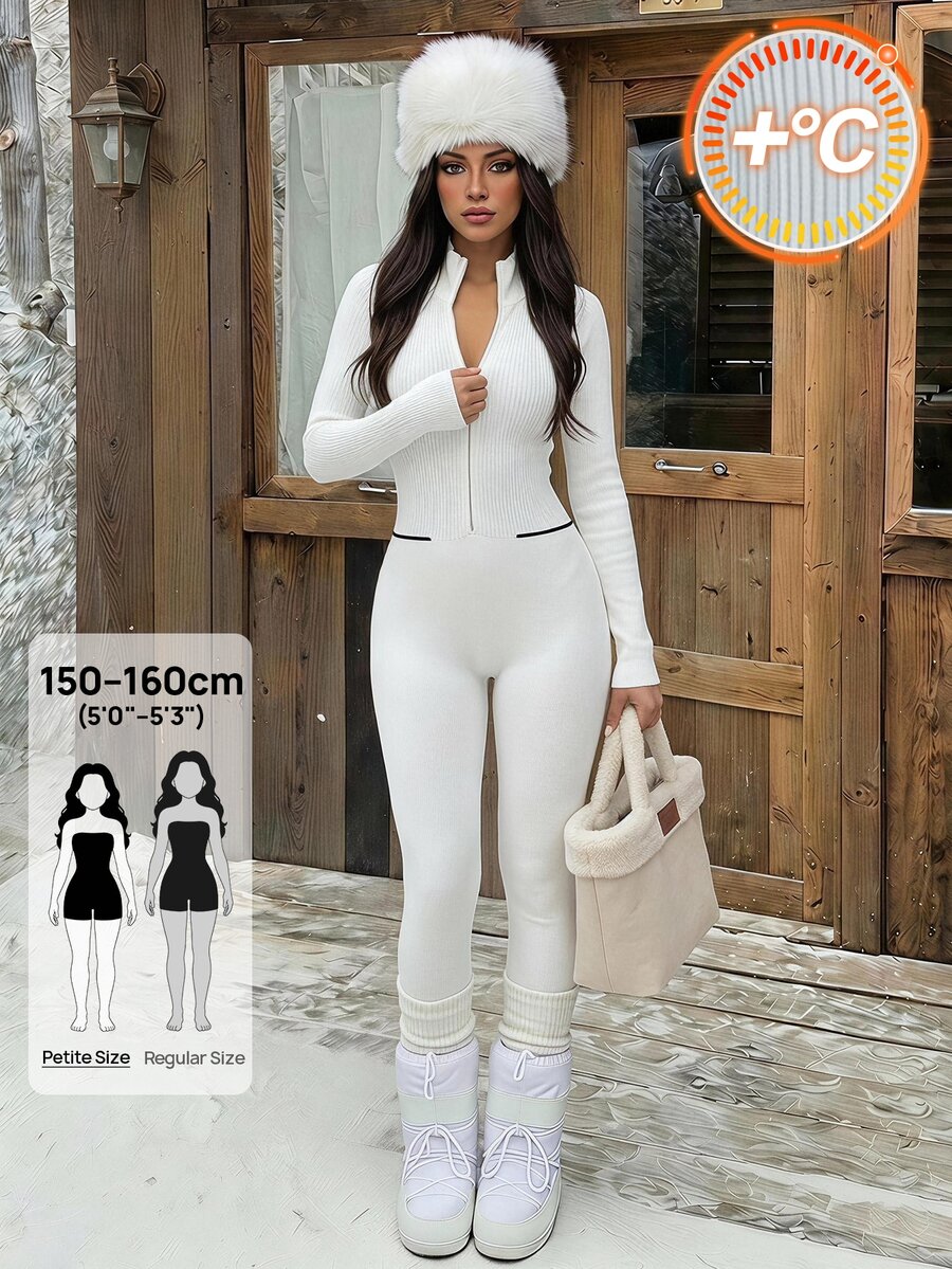SHEIN PETITE Women's Petite Fitted Knit Jumpsuit – Comfortable, Form-Fitting, And Suitable For Casual Daily Wear - Apricot - View 1