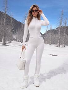 SHEIN PETITE جمبسوت نسائي صغير الحجم محبوك ضيق – مريح، ملائم للجسم، ومناسب للارتداء اليومي العادي - لون مشمشي - مشاهدة 12