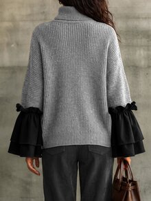 Balvessa 女款粗針條紋高領寬鬆套頭毛衣，雙層荷葉邊喇叭袖口與蝙蝠袖設計 - 彩色 - 查看 2