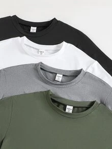 SHEIN 青少年男孩纯色短袖 T 恤，适合日常穿着，经典圆领设计，柔软舒适的 T 恤 - 彩色 - 查看 3