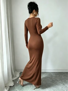 SHEIN Raffinéa Women's Solid Color Elegant Waist-Cinching Niche Hollow Neckline Side Slit Stretch Dress - Brown - View 3