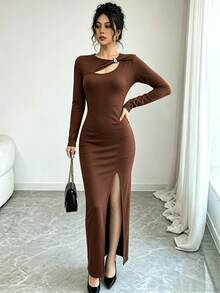 SHEIN Raffinéa Women's Solid Color Elegant Waist-Cinching Niche Hollow Neckline Side Slit Stretch Dress - Brown - View 5