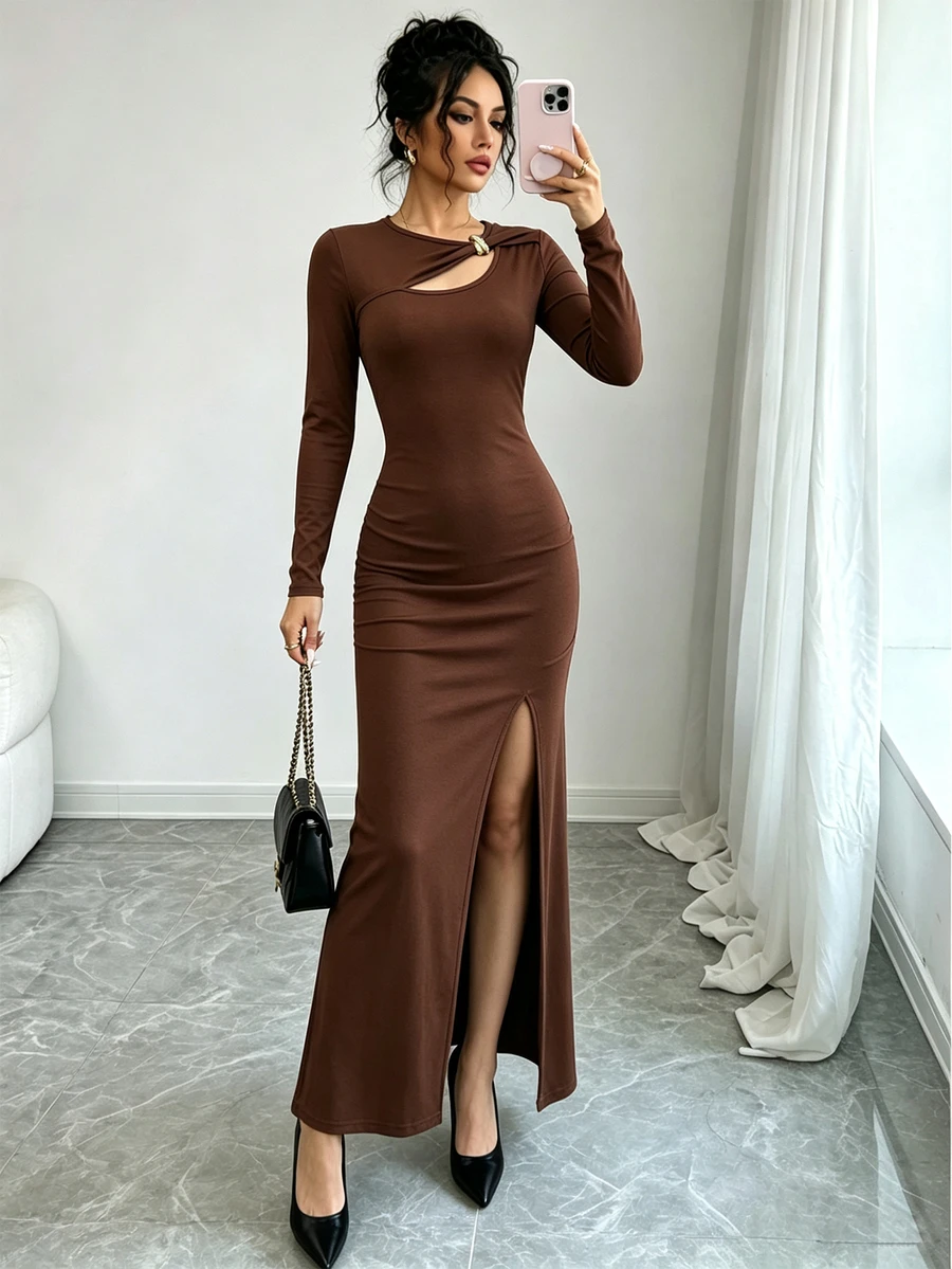 SHEIN Raffinéa Women's Solid Color Elegant Waist-Cinching Niche Hollow Neckline Side Slit Stretch Dress
