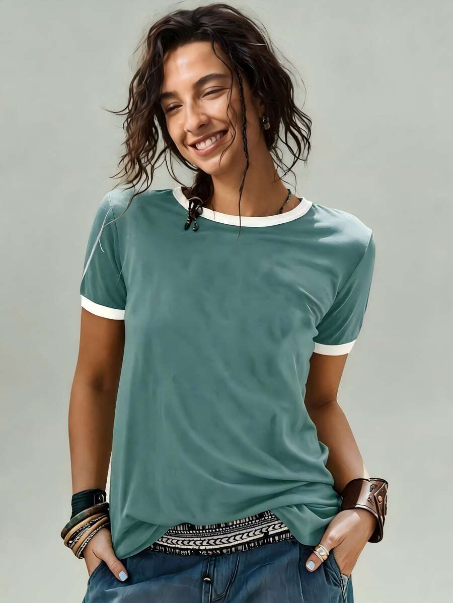 SHEIN Women's Summer Colorblock Round Neck Short Sleeve Casual T-Shirt Graphic Tees Women Tops - Green - View 1