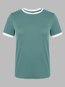 SHEIN Women's Summer Colorblock Round Neck Short Sleeve Casual T-Shirt Graphic Tees Women Tops - Green - View 2