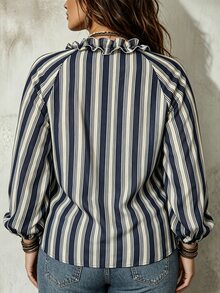 Linhara CURVE Plus Size Women's Holiday Outing Striped Frill Trim V-Neck Long Sleeve Blouse Fall - Multicolor - View 2