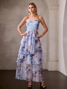 MOTF PREMIUM MULTI-LAYER RUFFLE HEM CAMI DRESS - Blue - View 9